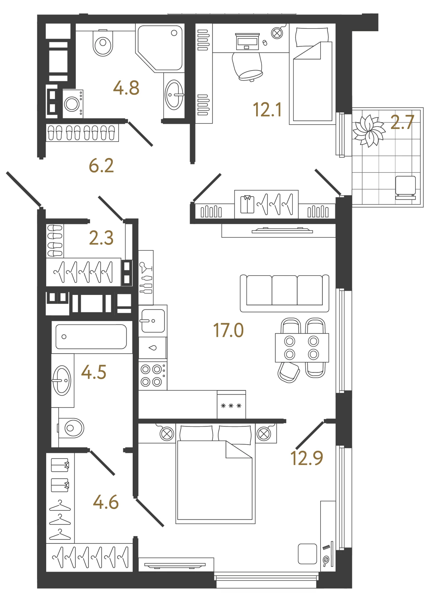 Планировка 2-комнатная 64,4 м² в ЖК «Гений 2» — Гений 2