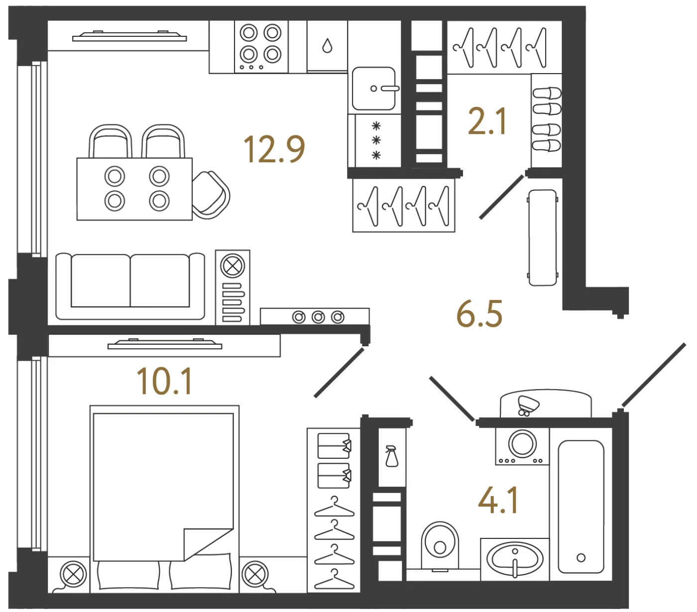 Планировка 1-комнатная 35,7 м² в ЖК «Гений 2» — Гений 2