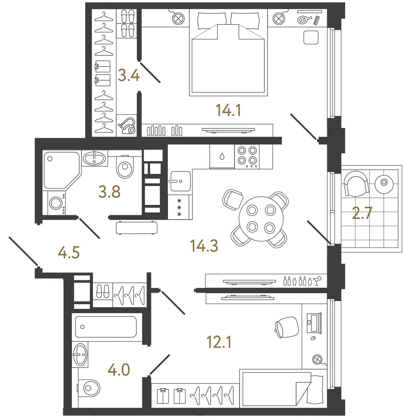 Планировка 2-комнатная 56,2 м² в ЖК «Гений 2» — Гений 2