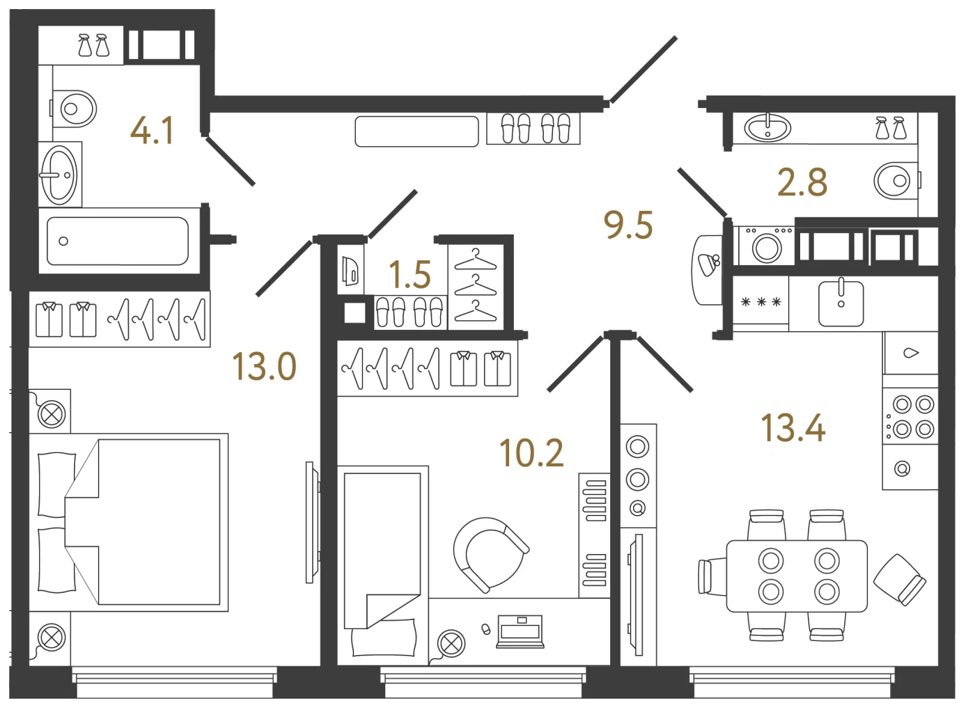Планировка 2-комнатная 54,5 м² в ЖК «Гений 2» — Гений 2
