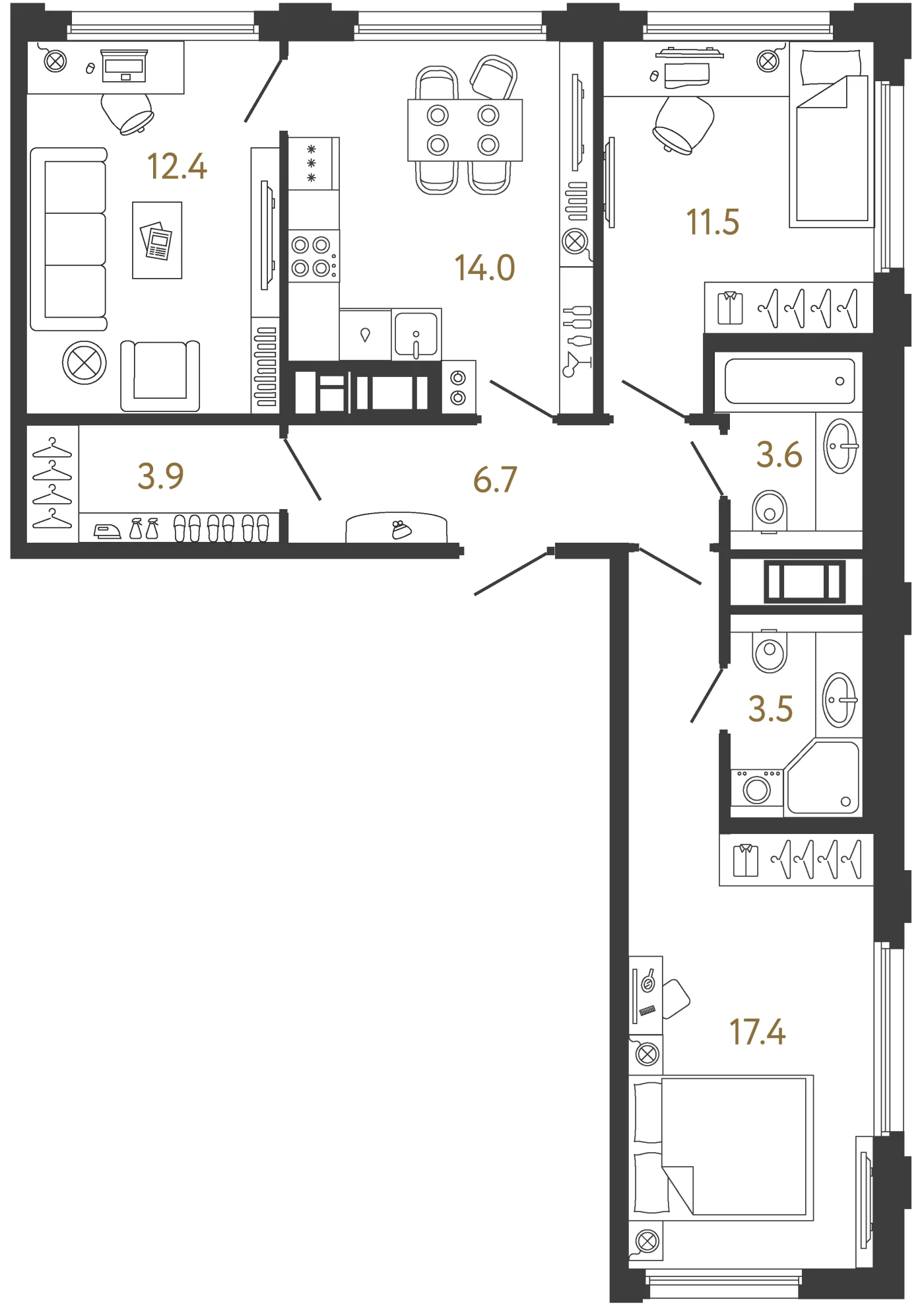 Планировка 3-комнатная 73 м² в ЖК «Гений 2» — Гений 2