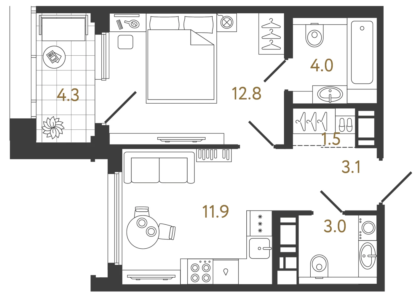 Планировка 1-комнатная 36,3 м² в ЖК «Гений 2» — Гений 2