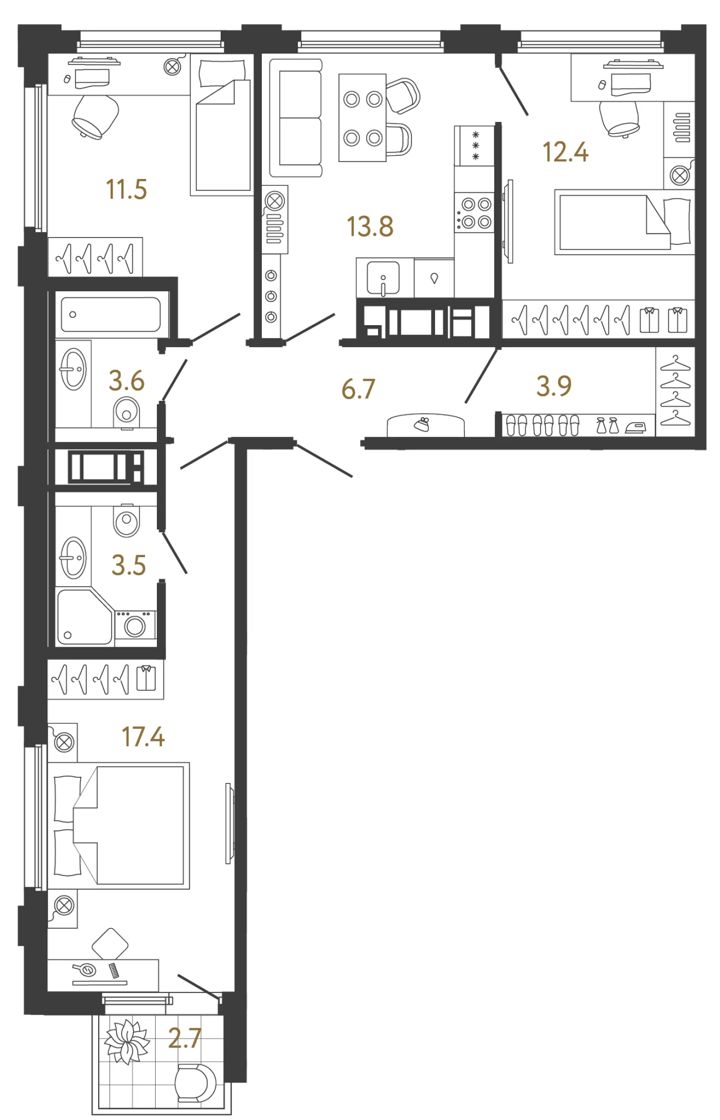 Планировка 3-комнатная 72,8 м² в ЖК «Гений 2» — Гений 2