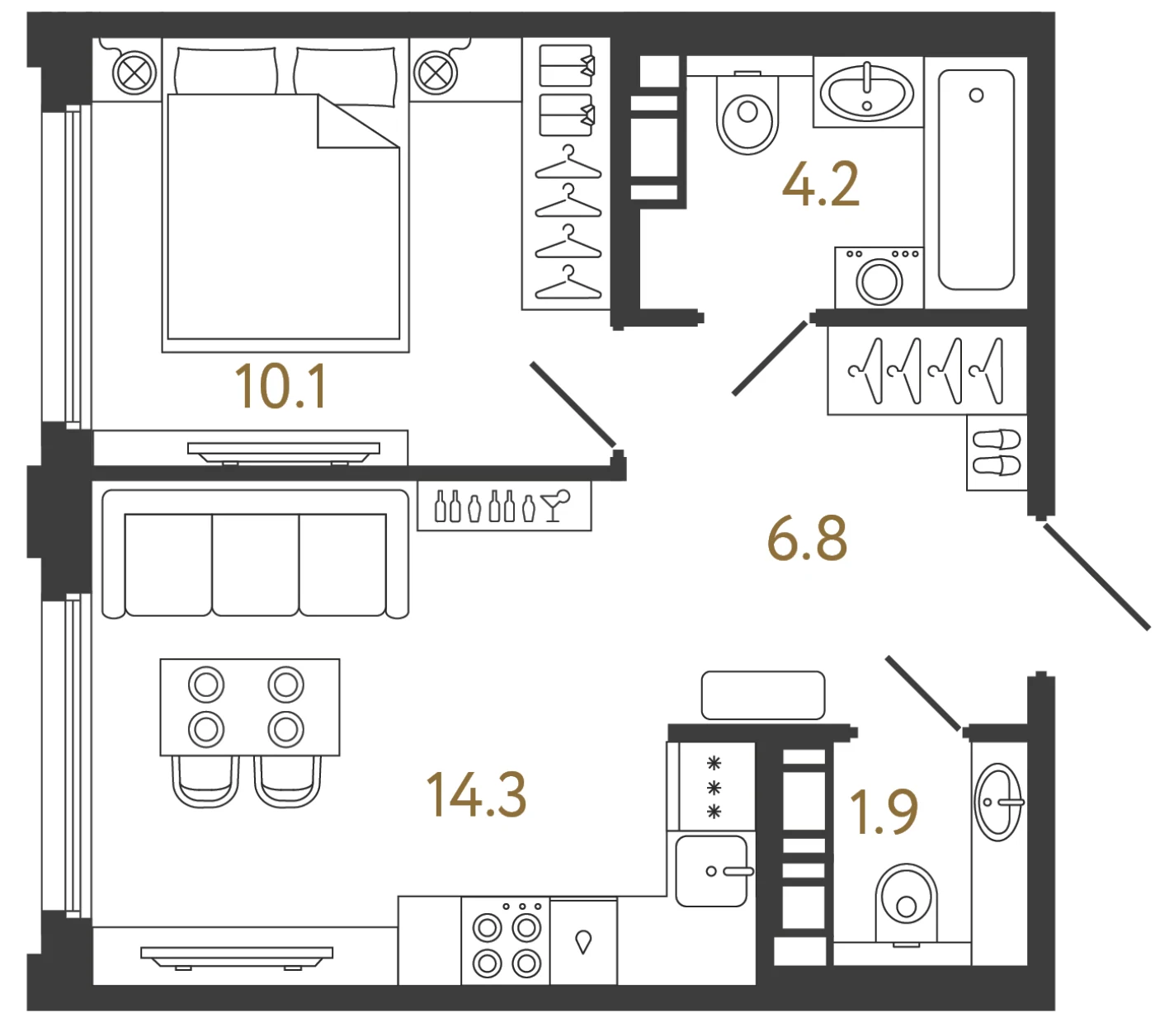 Планировка 1-комнатная 37,3 м² в ЖК «Гений 2» — Гений 2