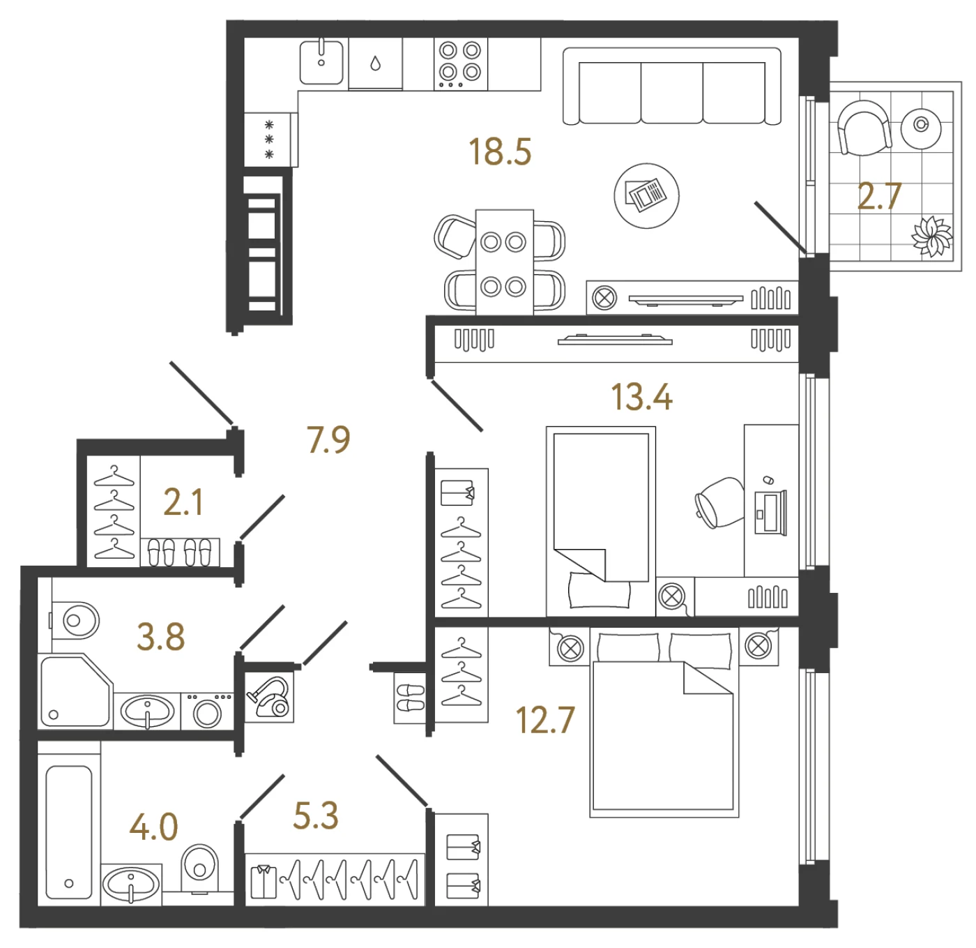 Планировка 2-комнатная 67,7 м² в ЖК «Гений 2» — Гений 2