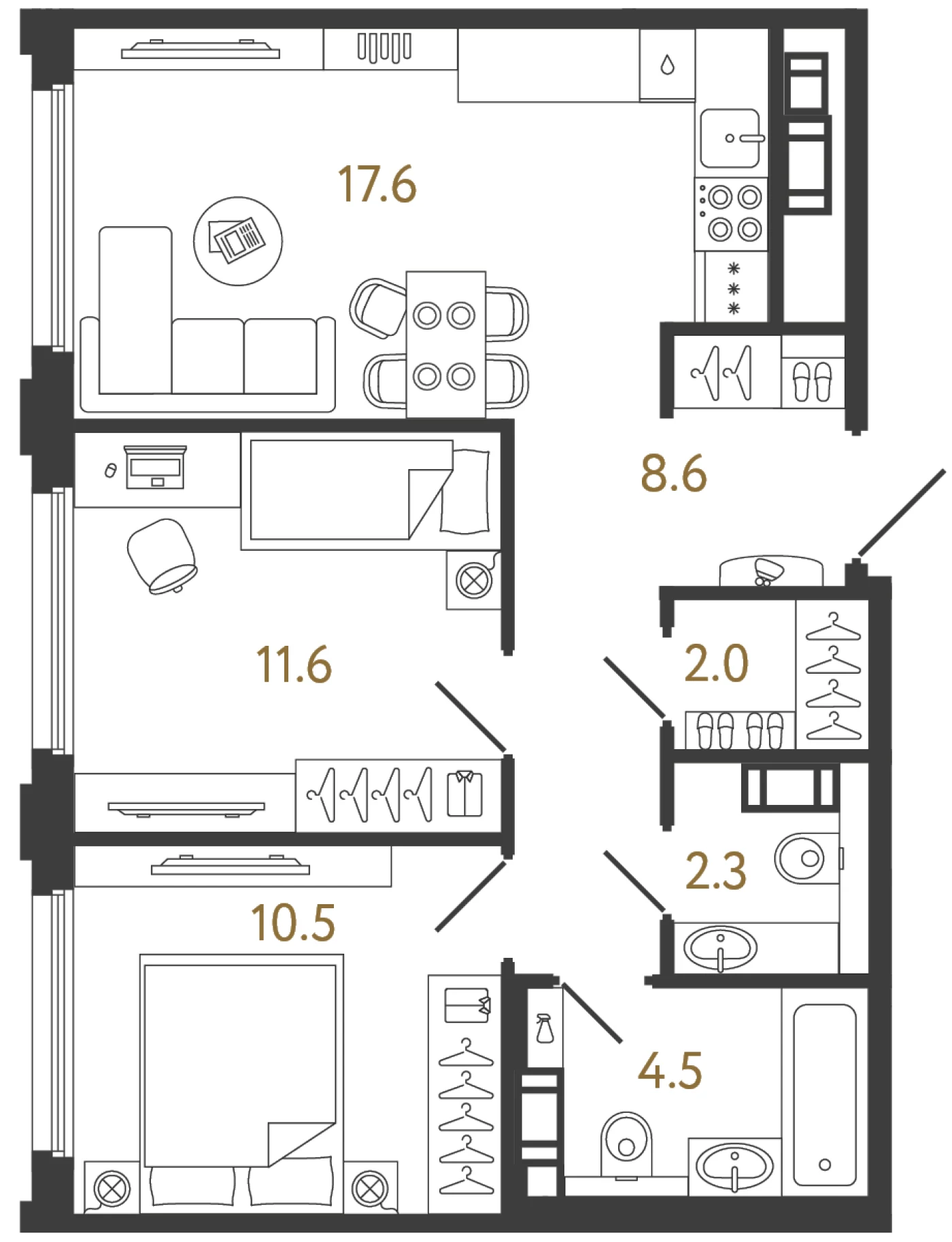 Планировка 2-комнатная 57,1 м² в ЖК «Гений 2» — Гений 2
