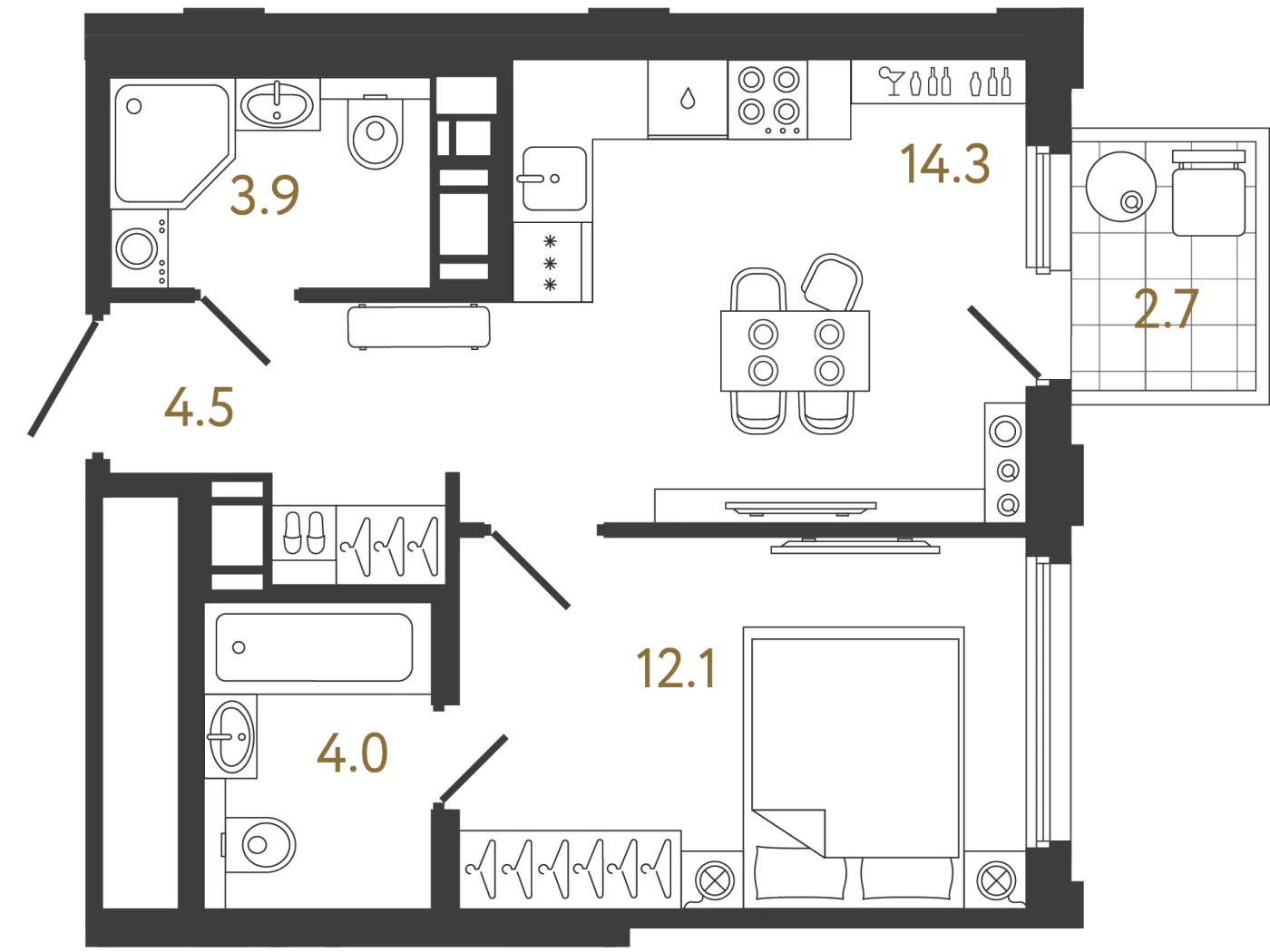 Планировка 1-комнатная 38,8 м² в ЖК «Гений 2» — Гений 2