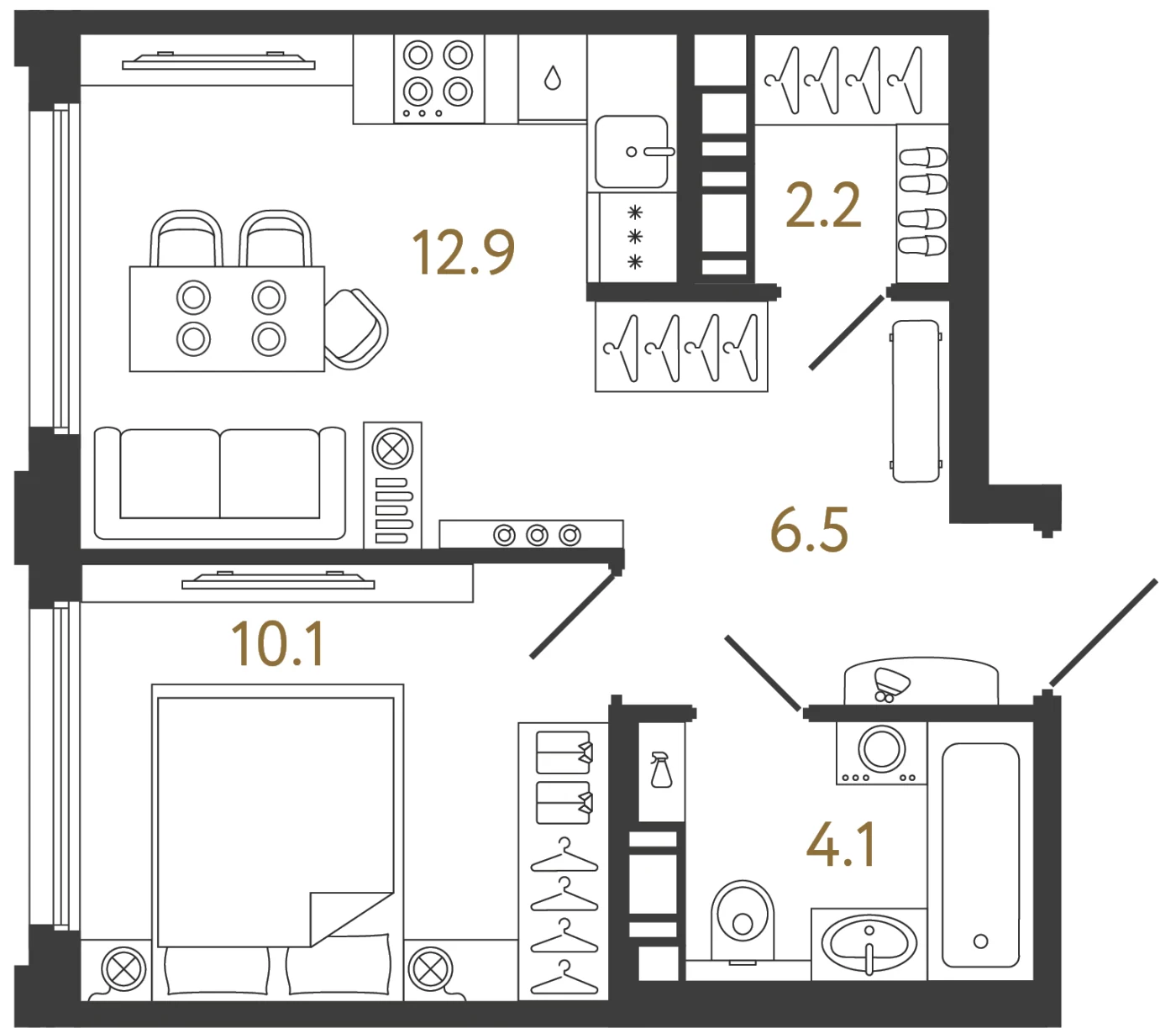 Планировка 1-комнатная 35,8 м² в ЖК «Гений 2» — Гений 2