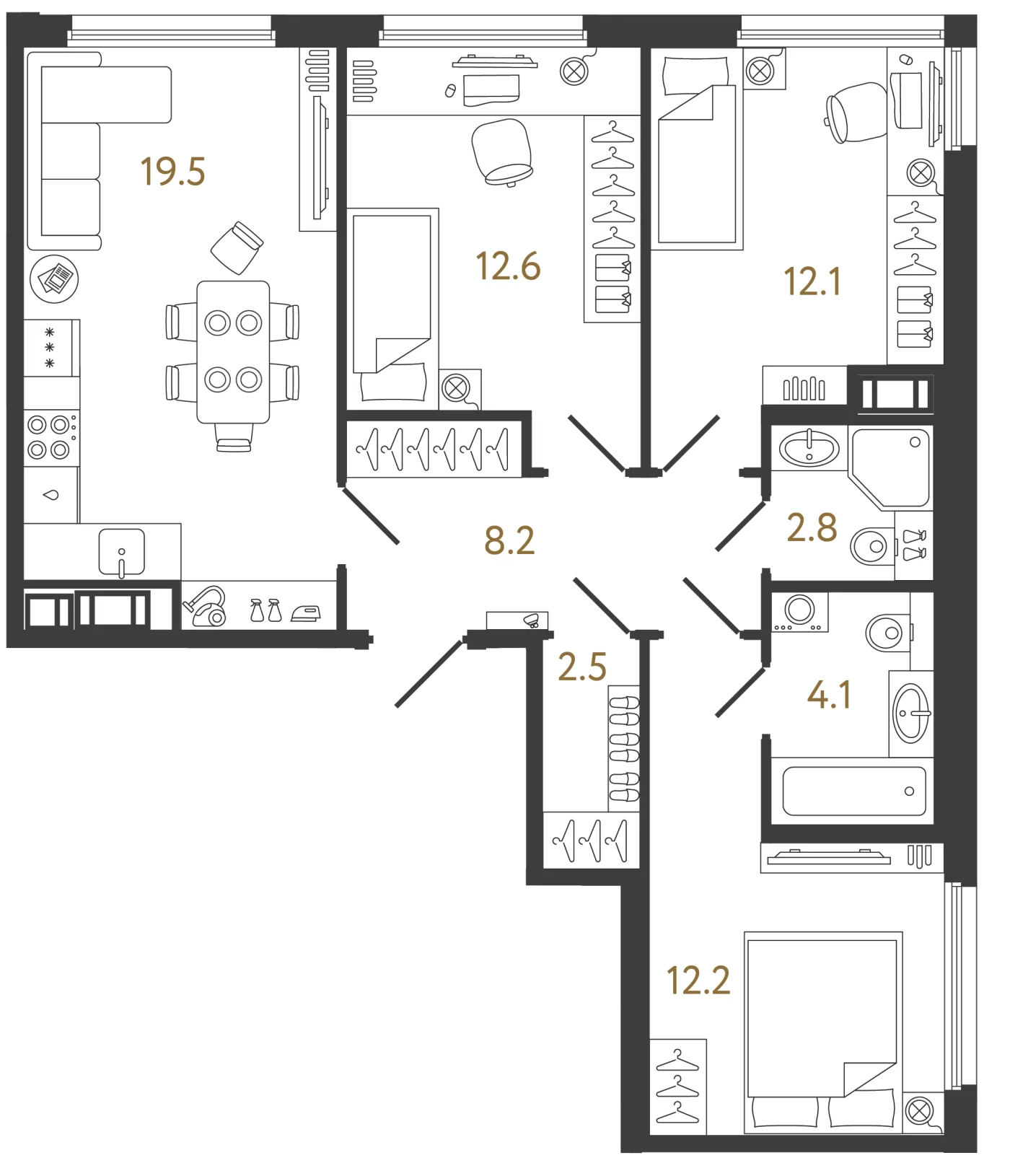 Планировка 3-комнатная 74 м² в ЖК «Гений 2» — Гений 2