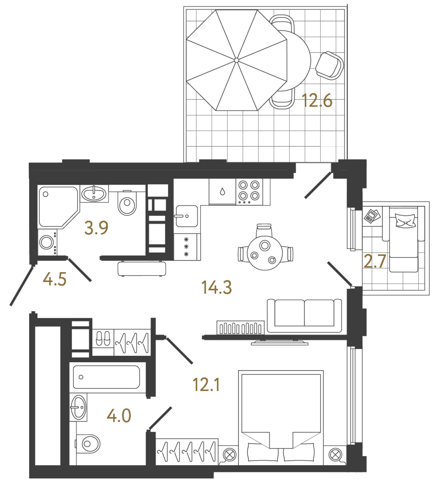 Планировка 1-комнатная 38,8 м² в ЖК «Гений 2» — Гений 2