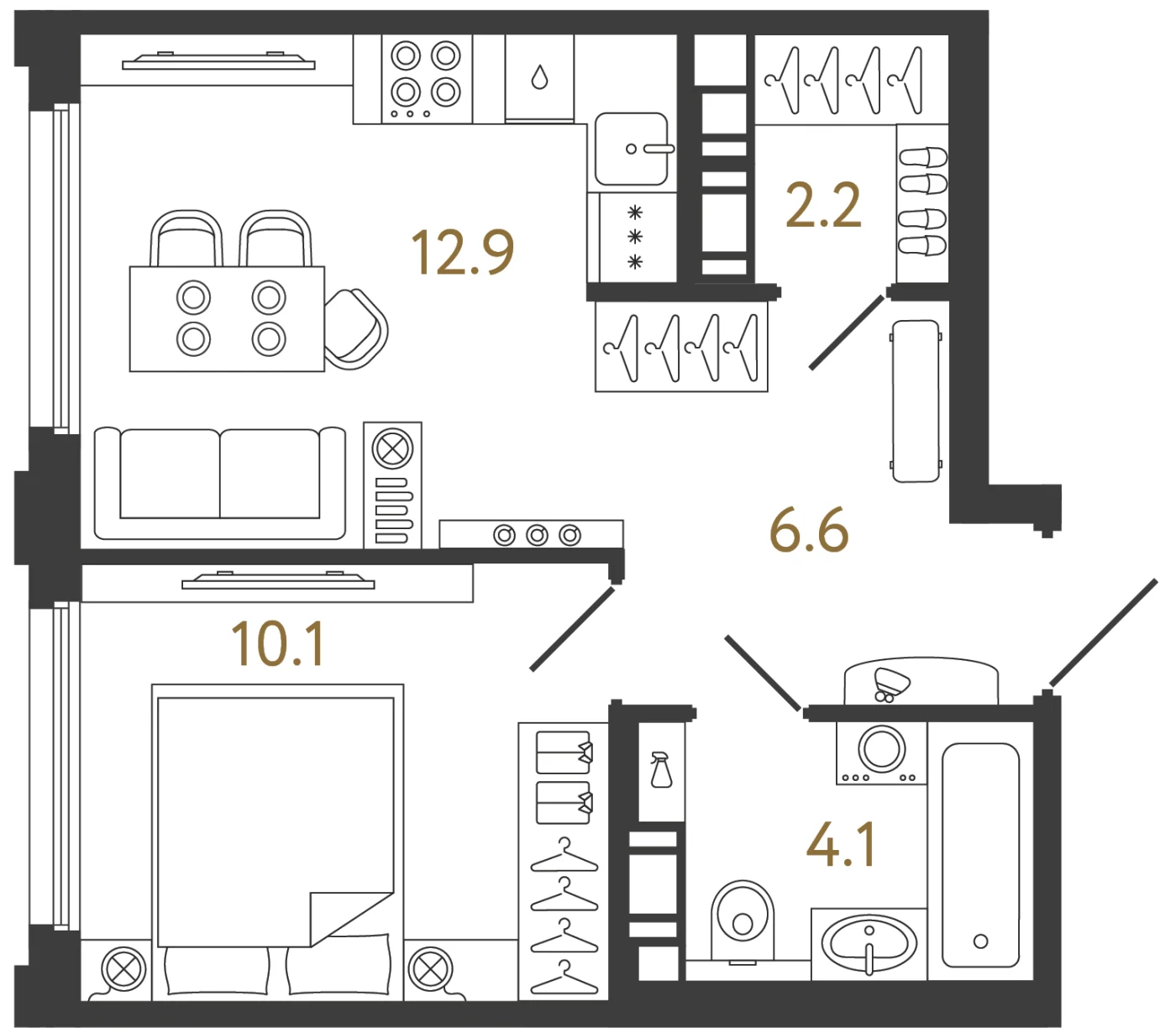 Планировка 1-комнатная 35,9 м² в ЖК «Гений 2» — Гений 2