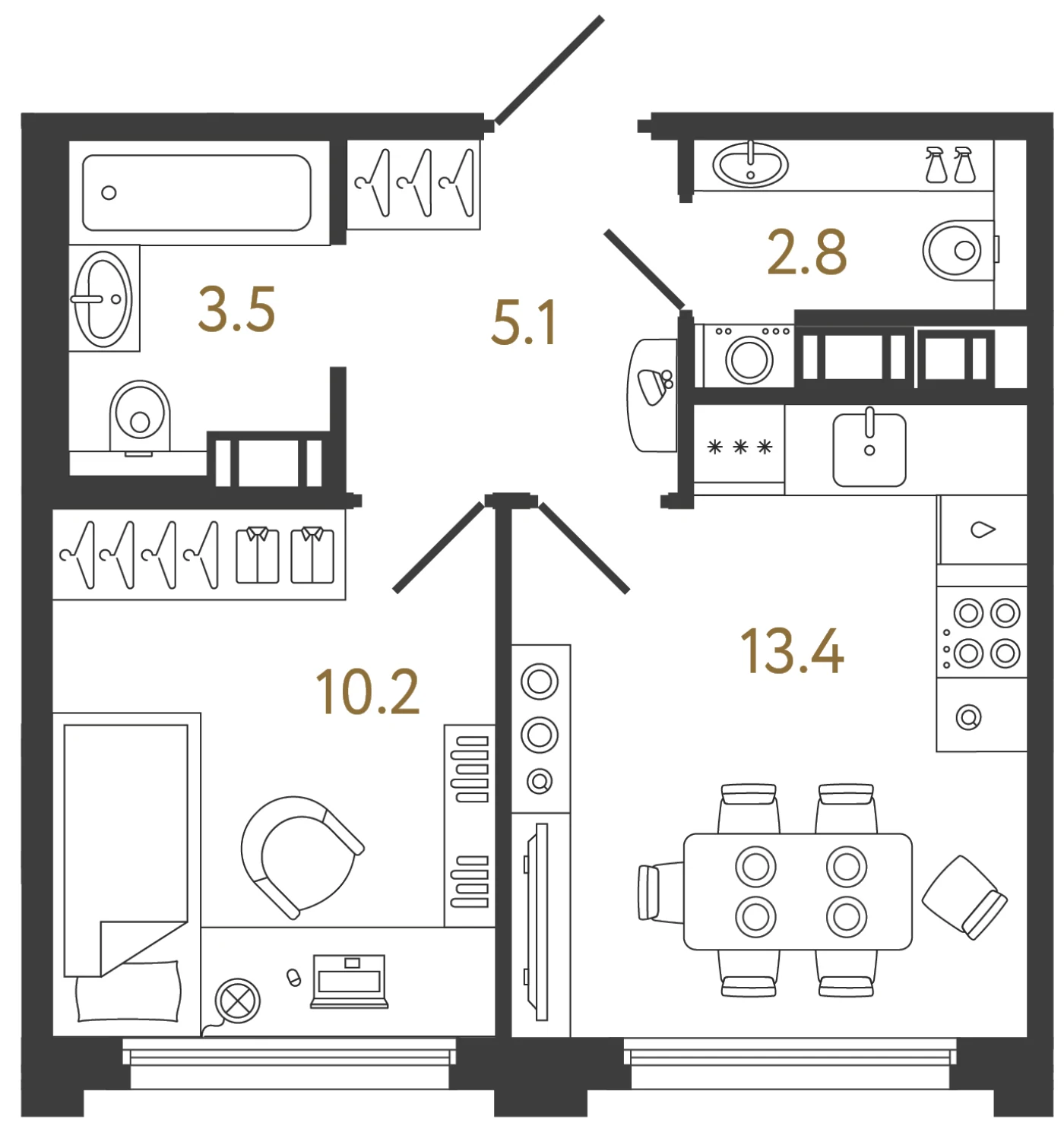Планировка 1-комнатная 35 м² в ЖК «Гений 2» — Гений 2