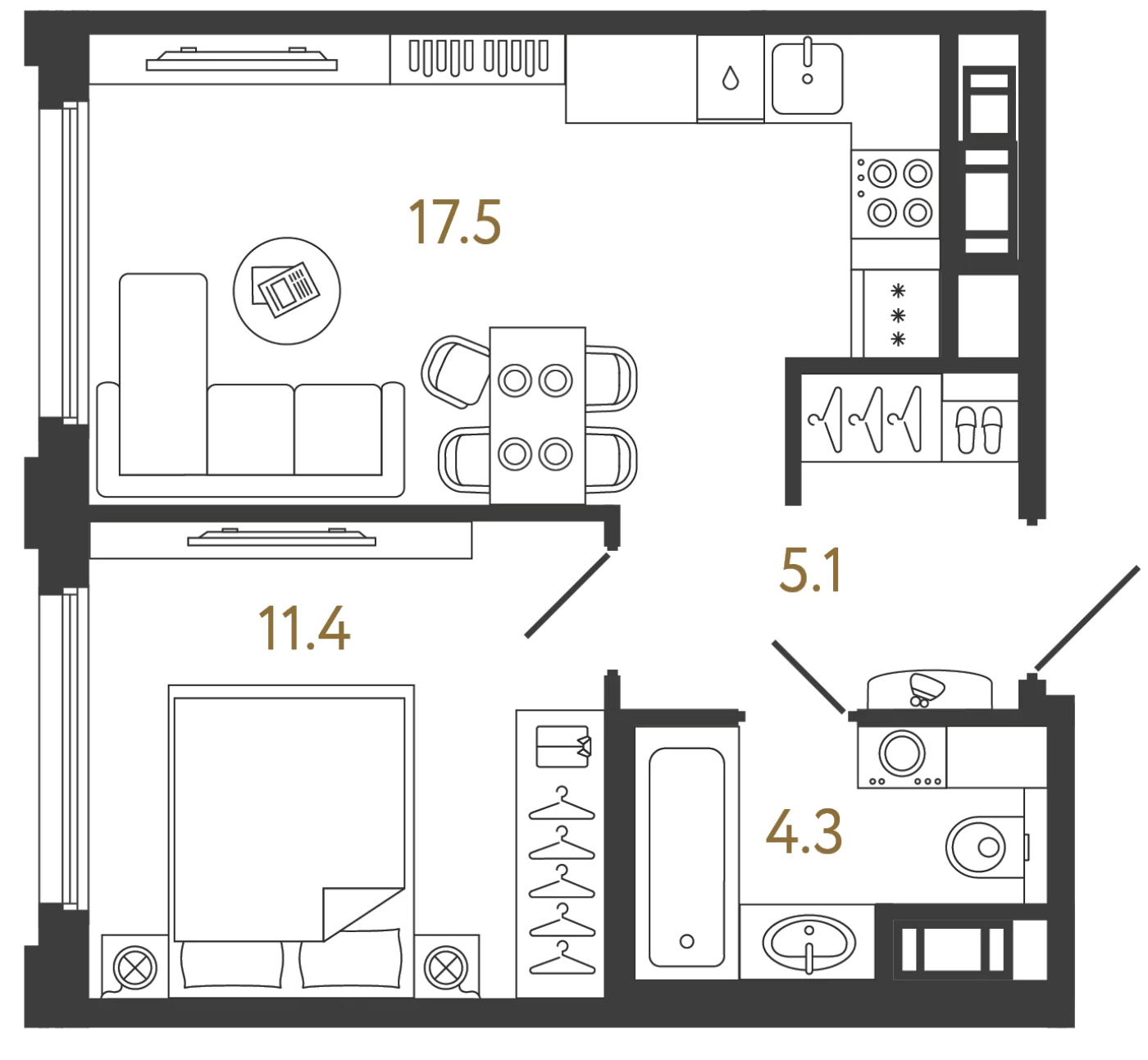 Планировка 1-комнатная 38,3 м² в ЖК «Гений 2» — Гений 2