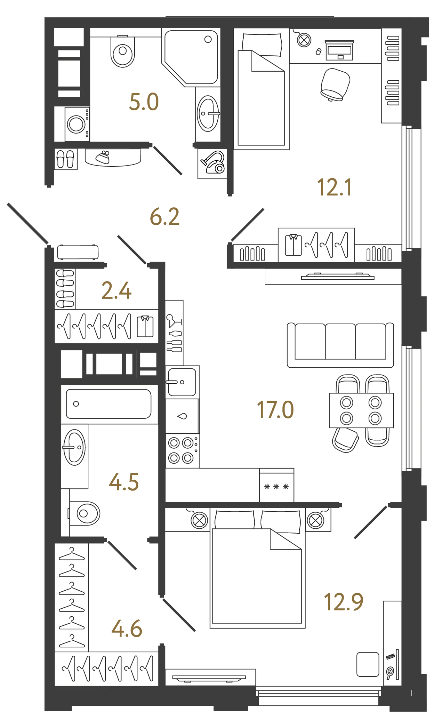 Планировка 2-комнатная 64,7 м² в ЖК «Гений 2» — Гений 2