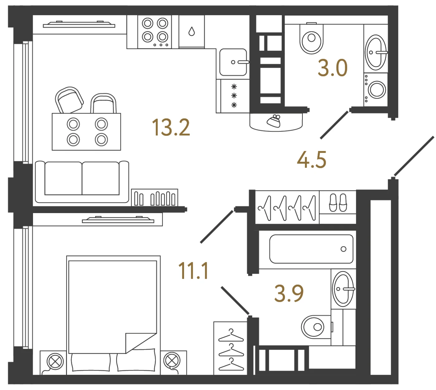 Планировка 1-комнатная 35,7 м² в ЖК «Гений 2» — Гений 2