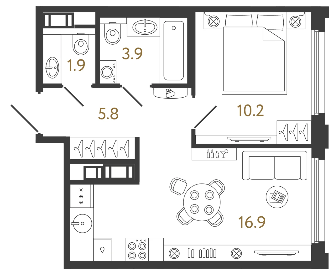 Планировка 1-комнатная 38,7 м² в ЖК «Гений 2» — Гений 2