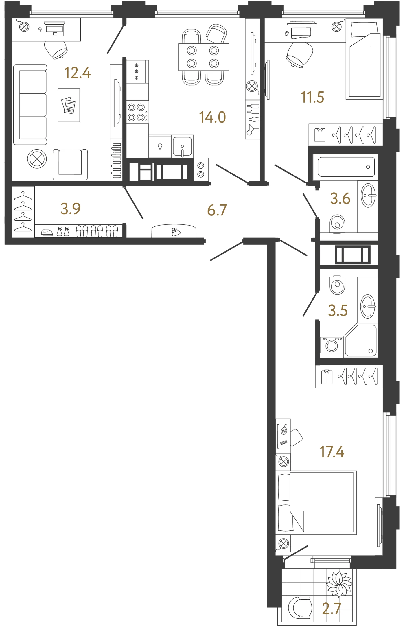 Планировка 3-комнатная 73 м² в ЖК «Гений 2» — Гений 2