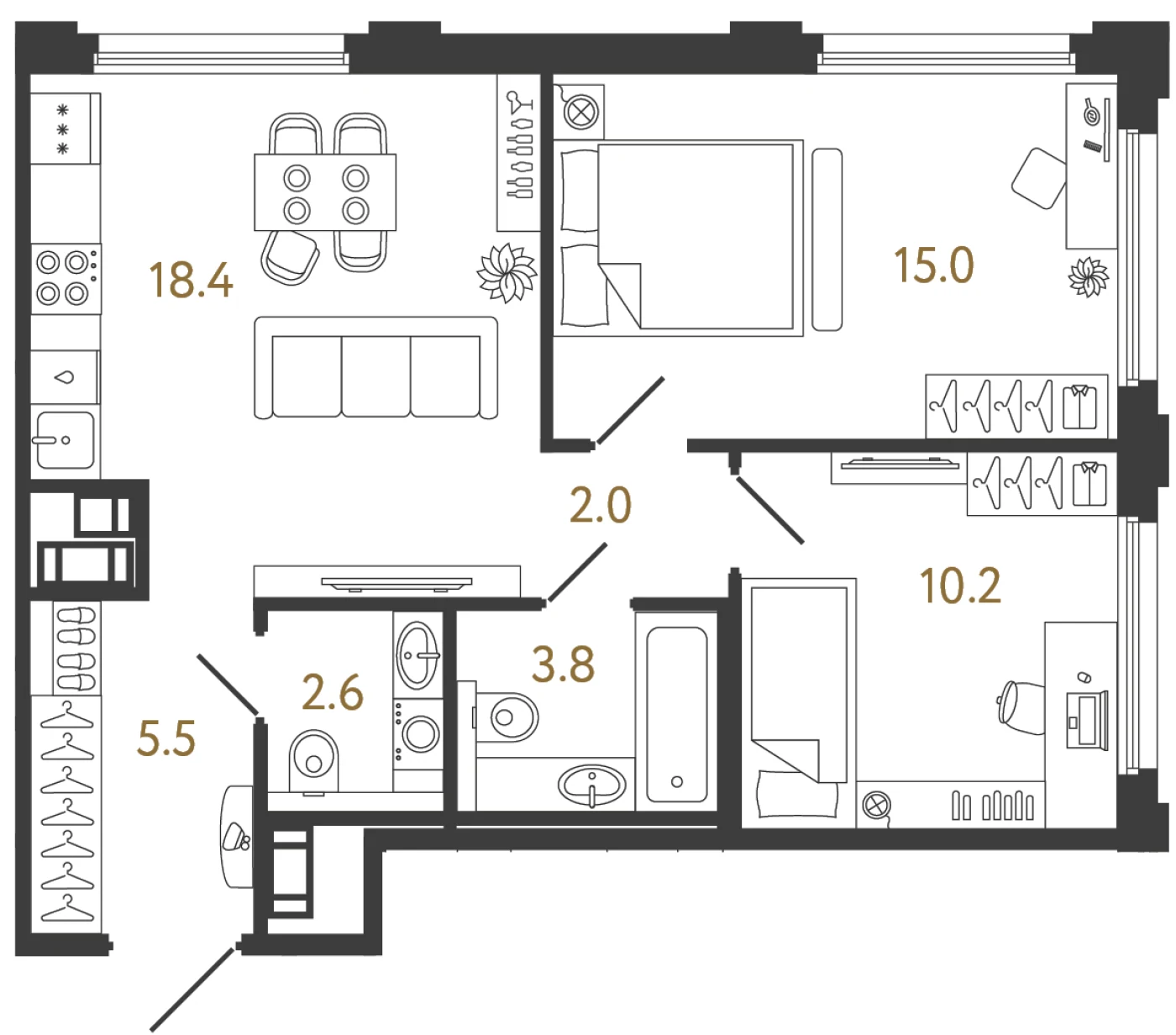 Планировка 2-комнатная 57,5 м² в ЖК «Гений 2» — Гений 2