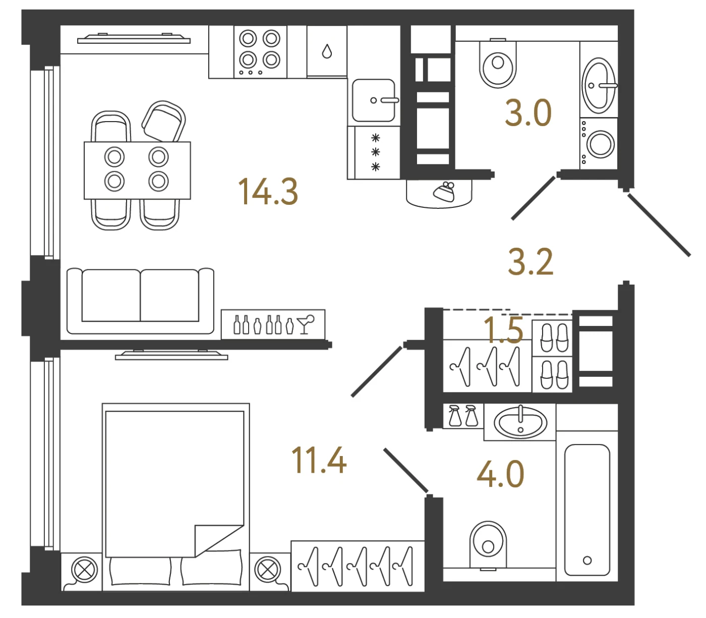Планировка 1-комнатная 37,4 м² в ЖК «Гений 2» — Гений 2