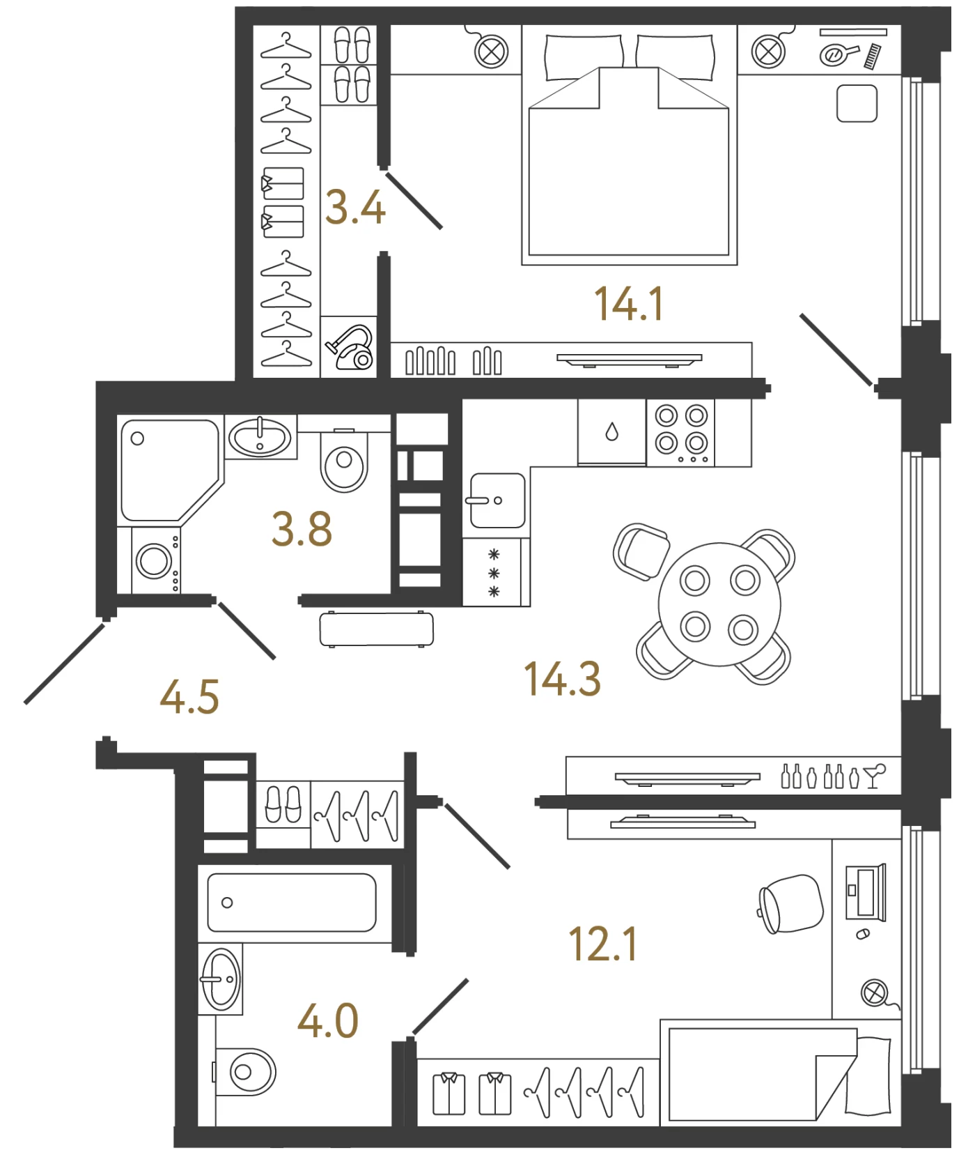 Планировка 2-комнатная 56,2 м² в ЖК «Гений 2» — Гений 2