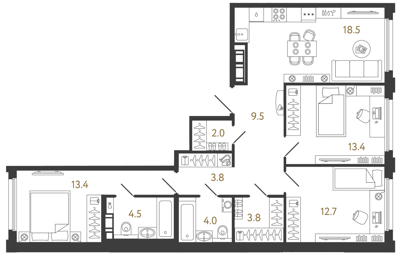 Планировка 3-комнатная 85,6 м² в ЖК «Гений 2» — Гений 2