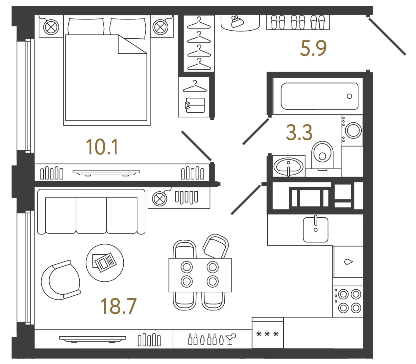 Планировка 1-комнатная 38 м² в ЖК «Гений 2» — Гений 2
