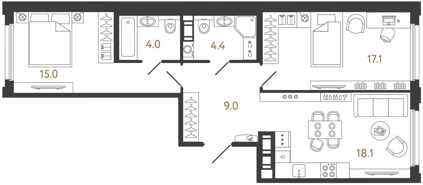 Планировка 2-комнатная 67,6 м² в ЖК «Гений 2» — Гений 2