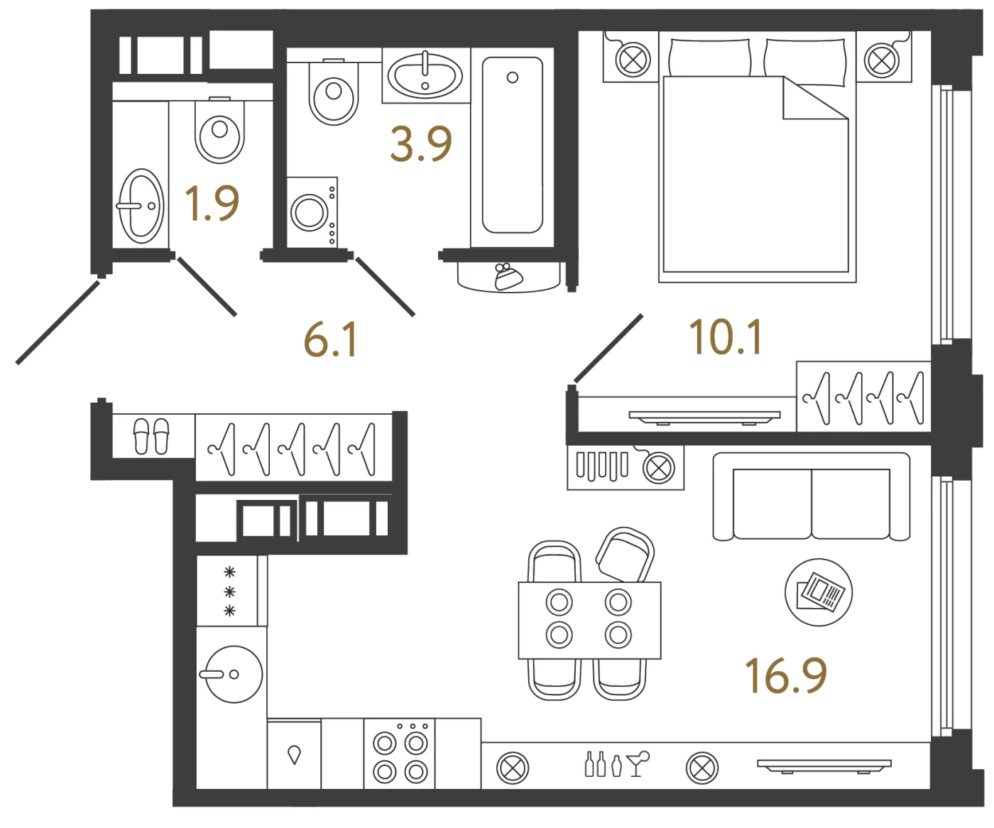 Планировка 1-комнатная 38,9 м² в ЖК «Гений 2» — Гений 2