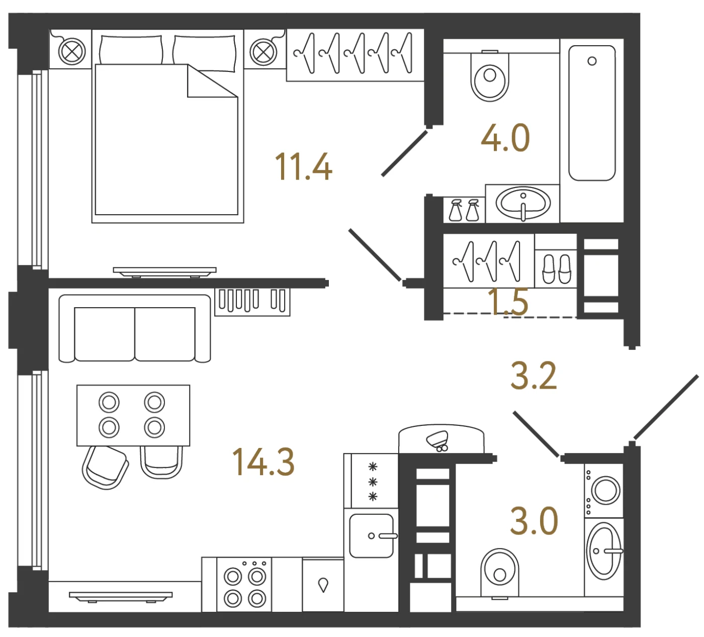 Планировка 1-комнатная 37,4 м² в ЖК «Гений 2» — Гений 2