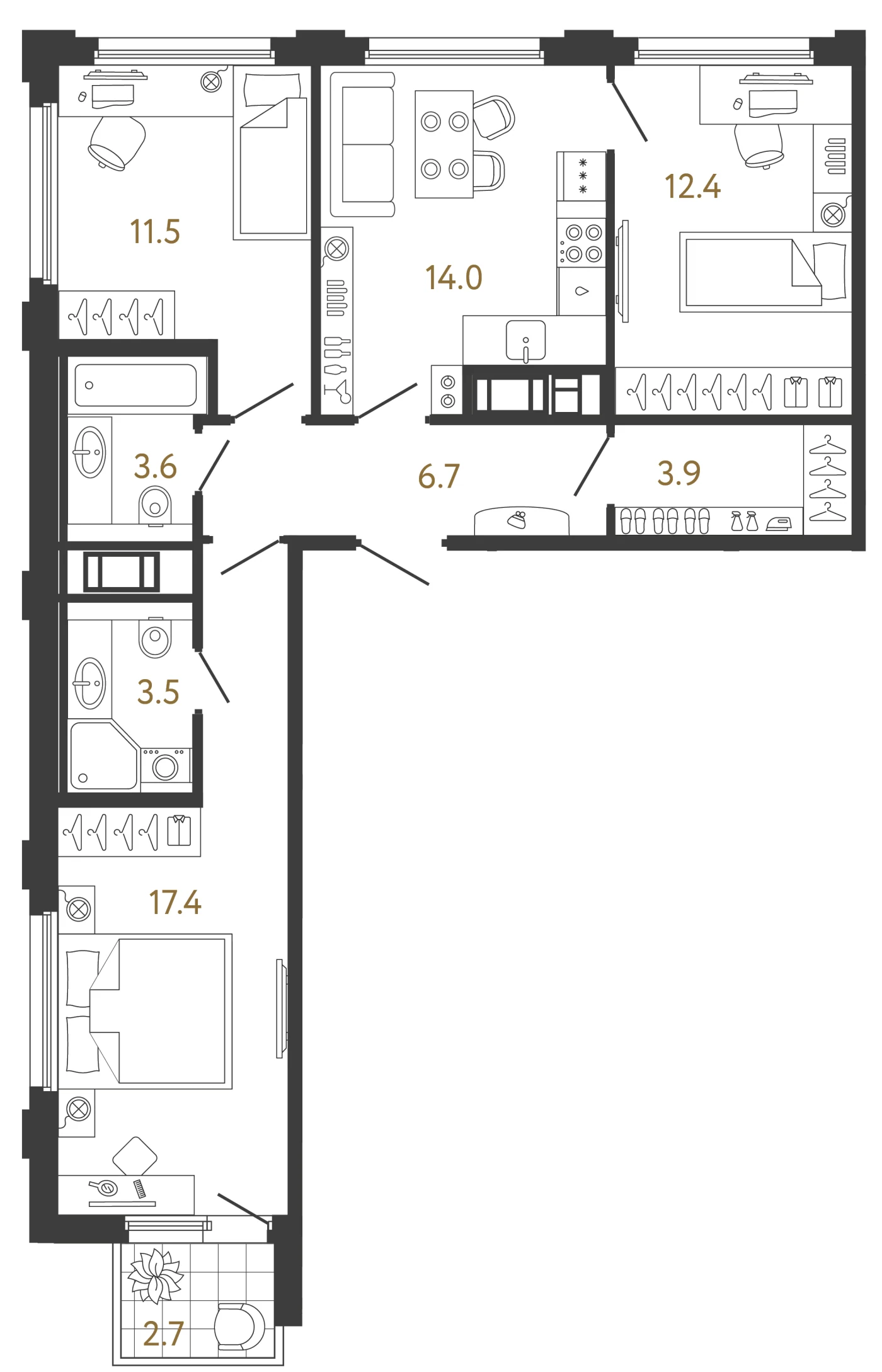 Планировка 3-комнатная 73 м² в ЖК «Гений 2» — Гений 2