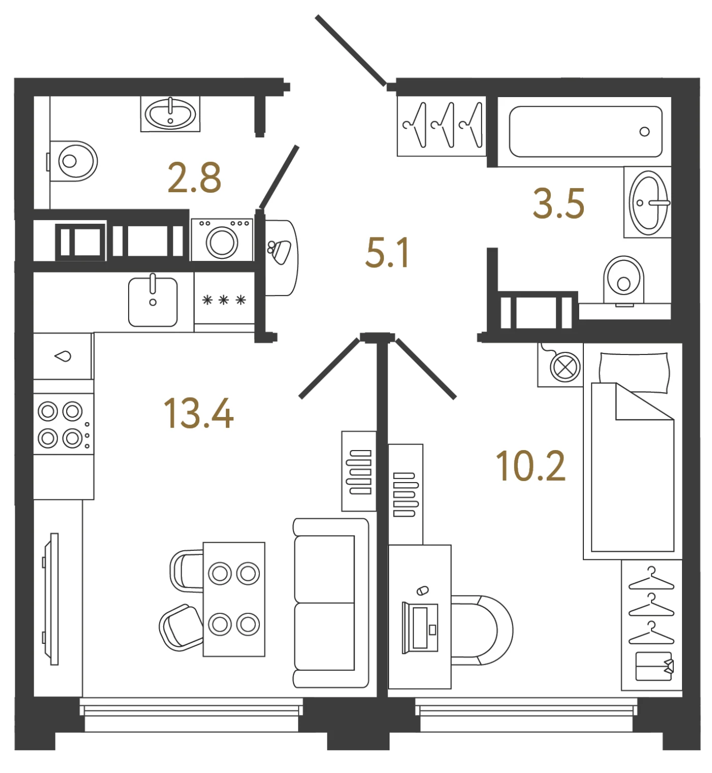 Планировка 1-комнатная 35 м² в ЖК «Гений 2» — Гений 2