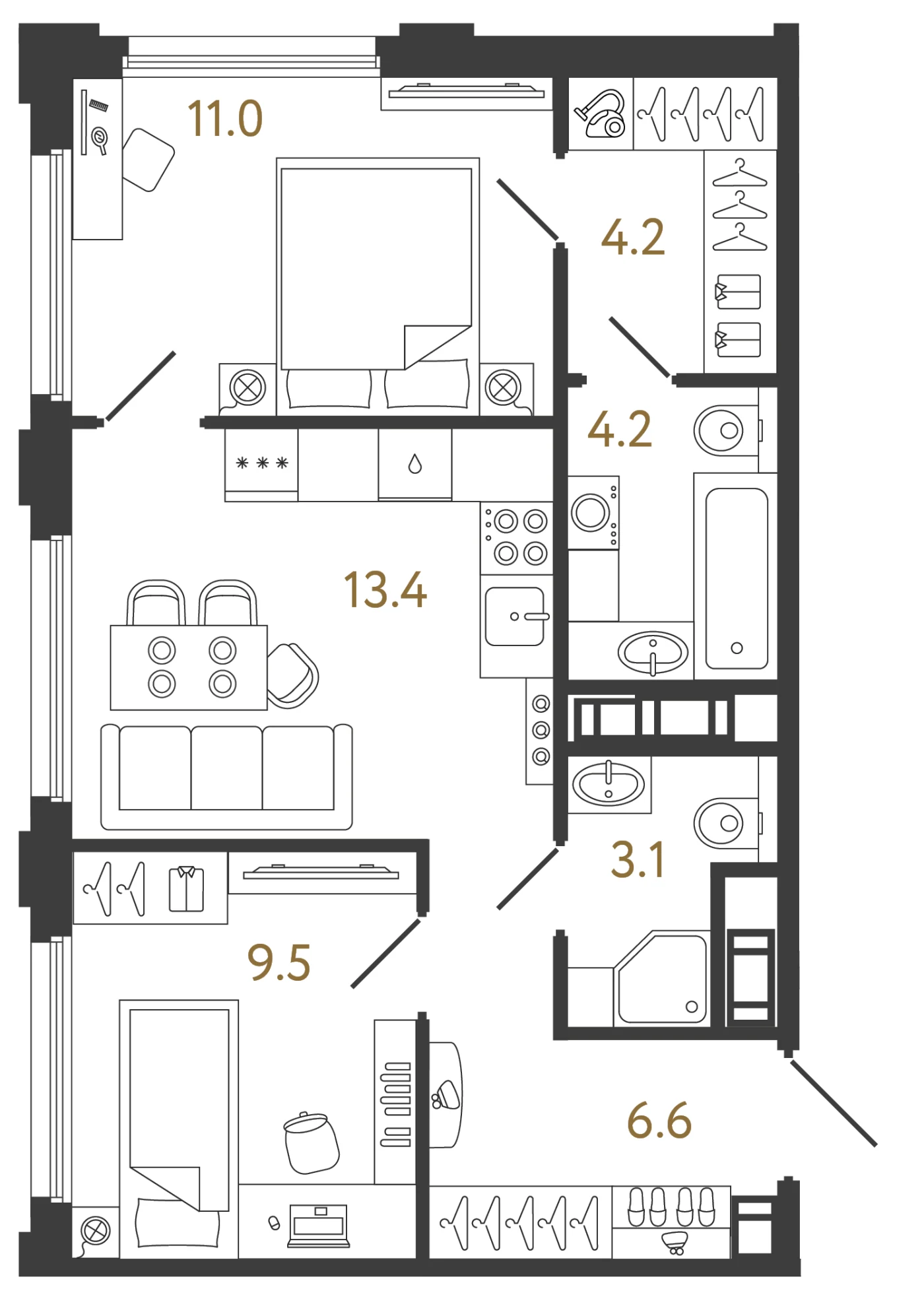 Планировка 2-комнатная 52 м² в ЖК «Гений 2» — Гений 2