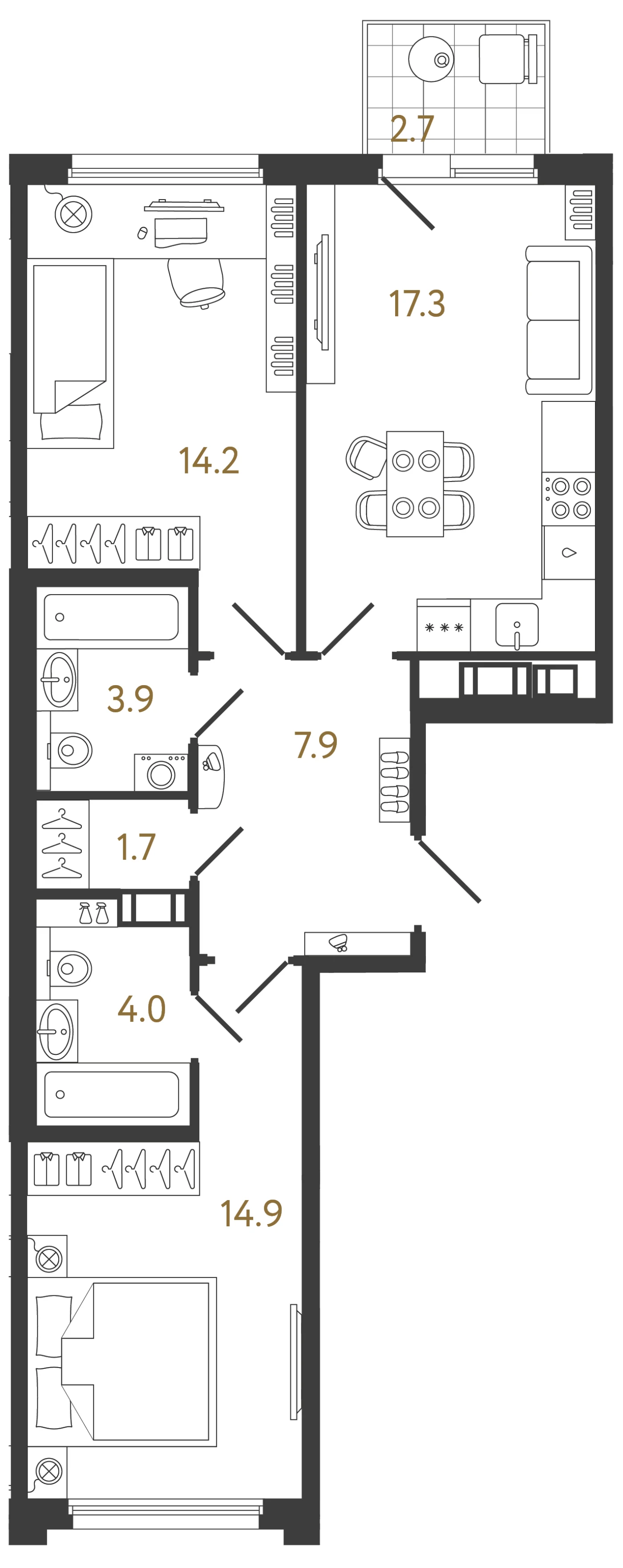Планировка 2-комнатная 63,9 м² в ЖК «Гений 2» — Гений 2
