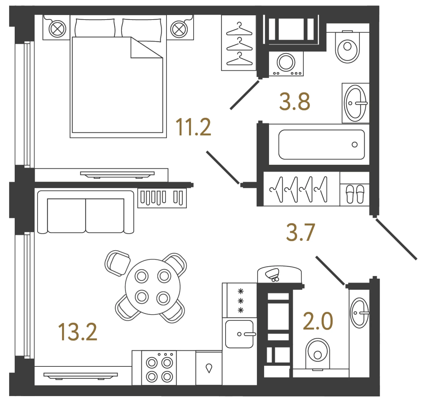 Планировка 1-комнатная 33,9 м² в ЖК «Гений 2» — Гений 2
