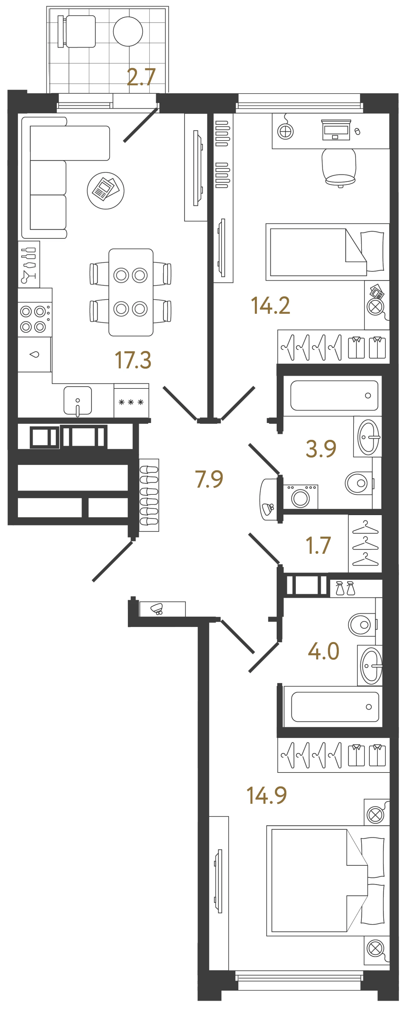 Планировка 2-комнатная 63,9 м² в ЖК «Гений 2» — Гений 2