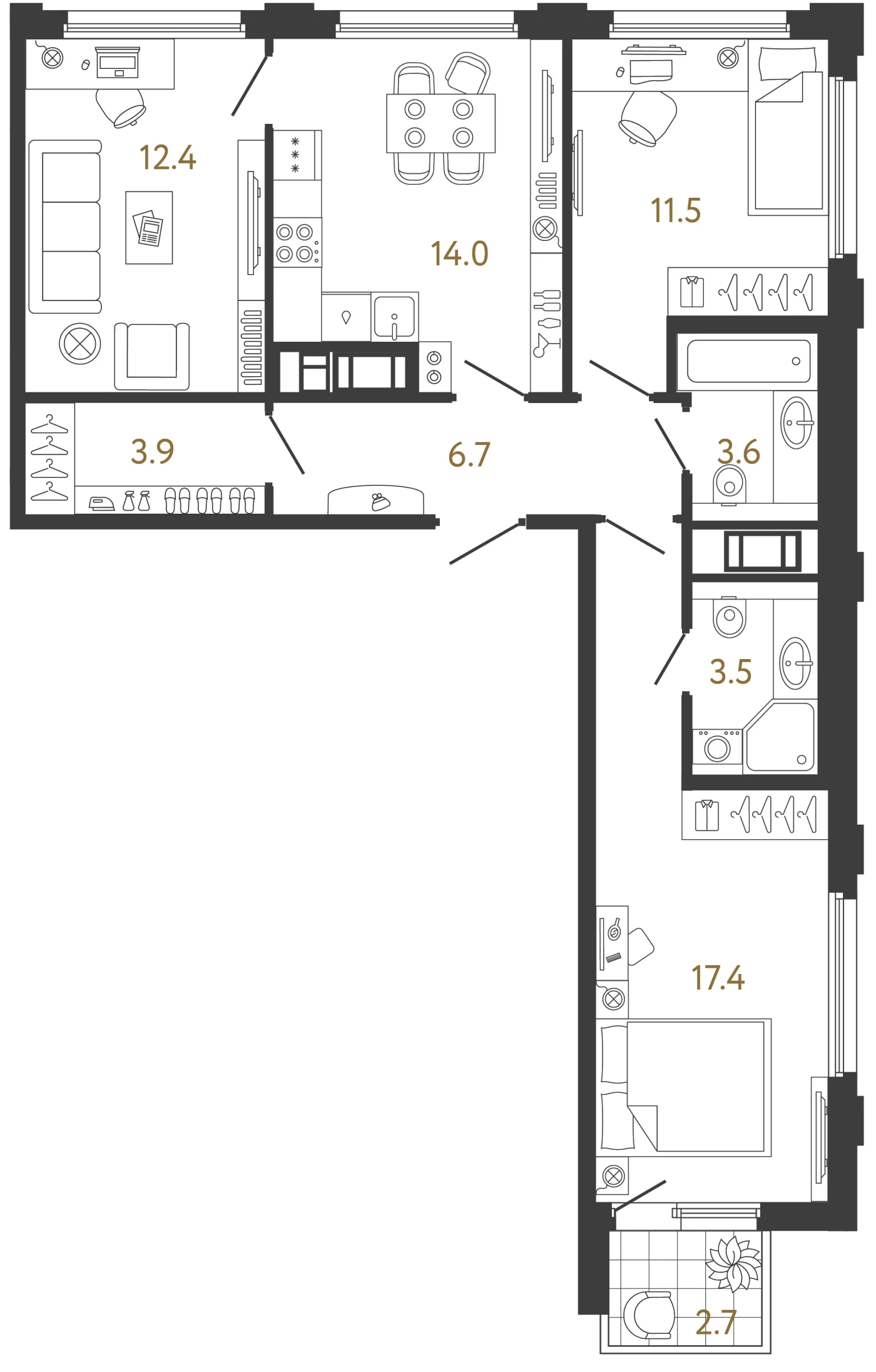 Планировка 3-комнатная 73 м² в ЖК «Гений 2» — Гений 2