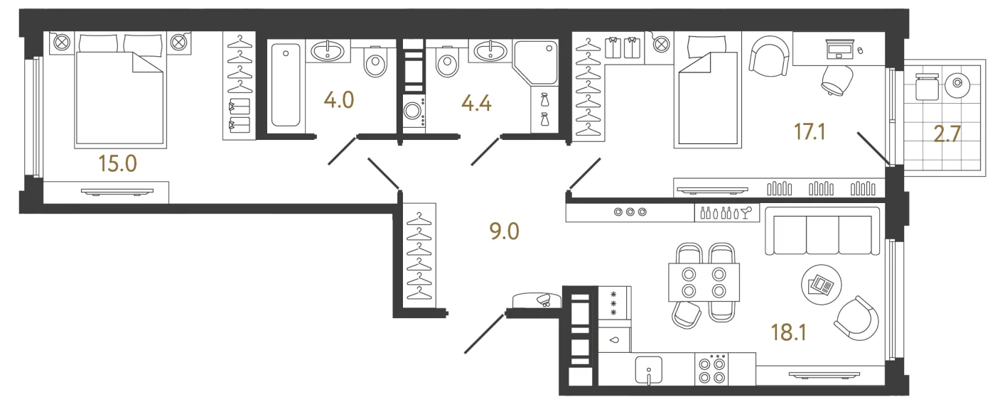 Планировка 2-комнатная 67,6 м² в ЖК «Гений 2» — Гений 2