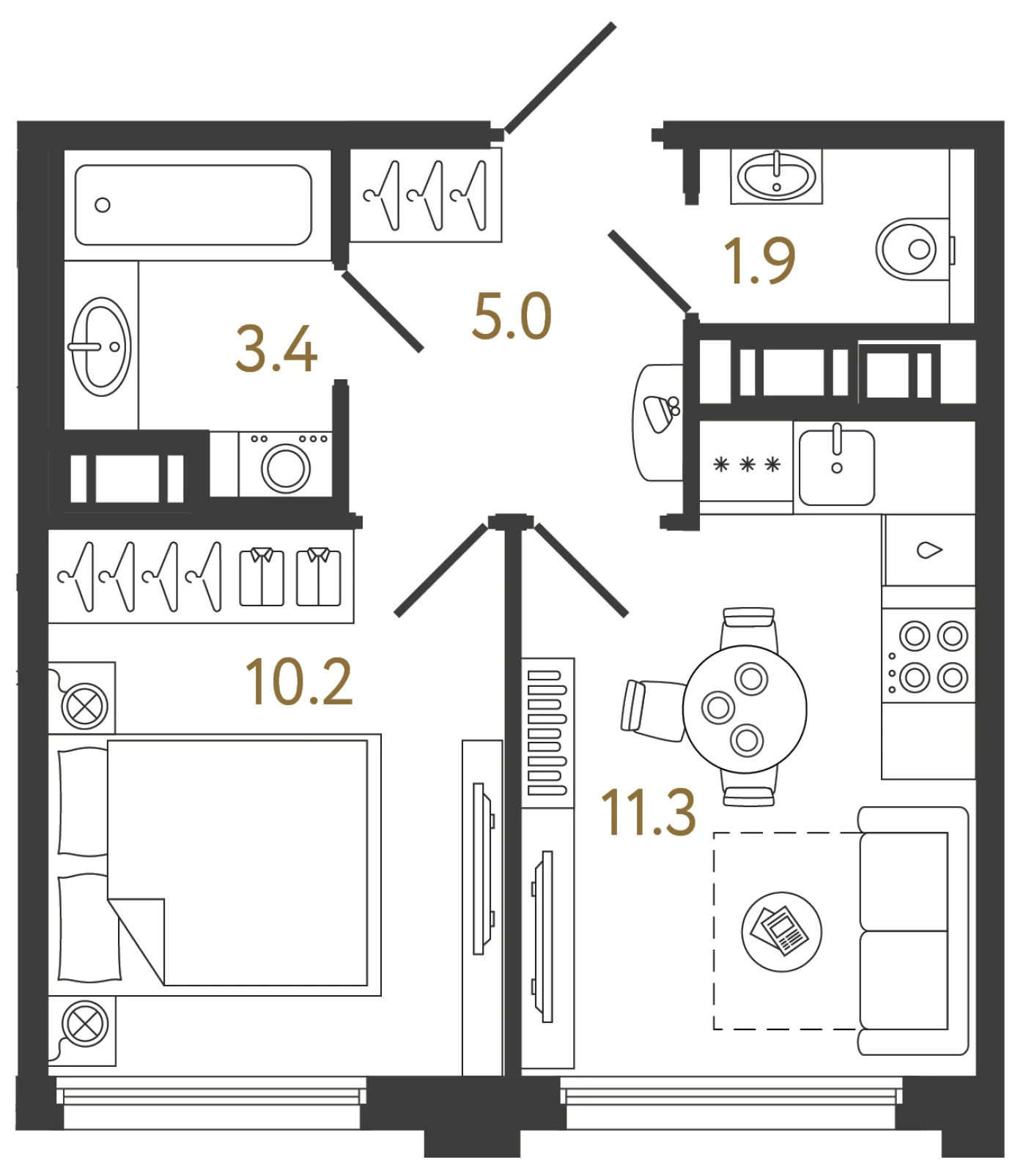 Планировка 1-комнатная 31,8 м² в ЖК «Гений 2» — Гений 2