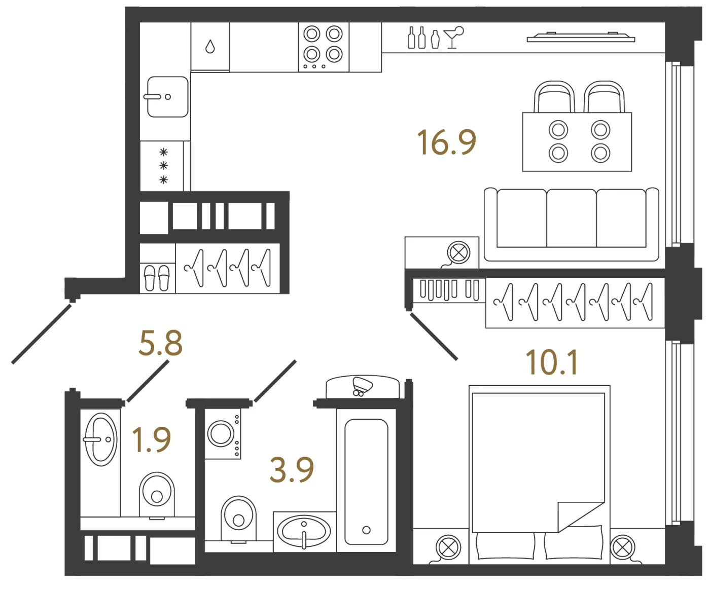 Планировка 1-комнатная 38,6 м² в ЖК «Гений 2» — Гений 2