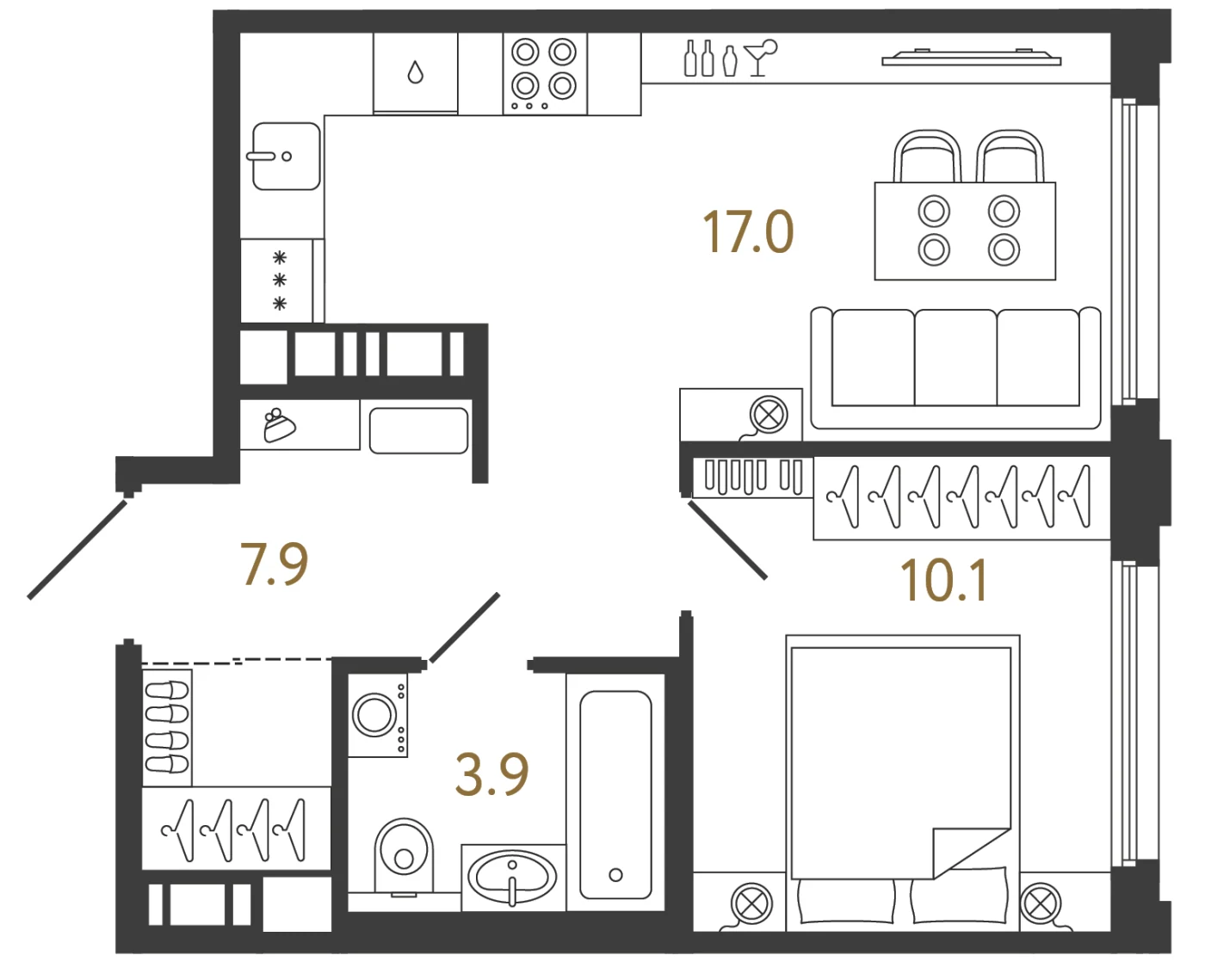 Планировка 1-комнатная 38,9 м² в ЖК «Гений 2» — Гений 2