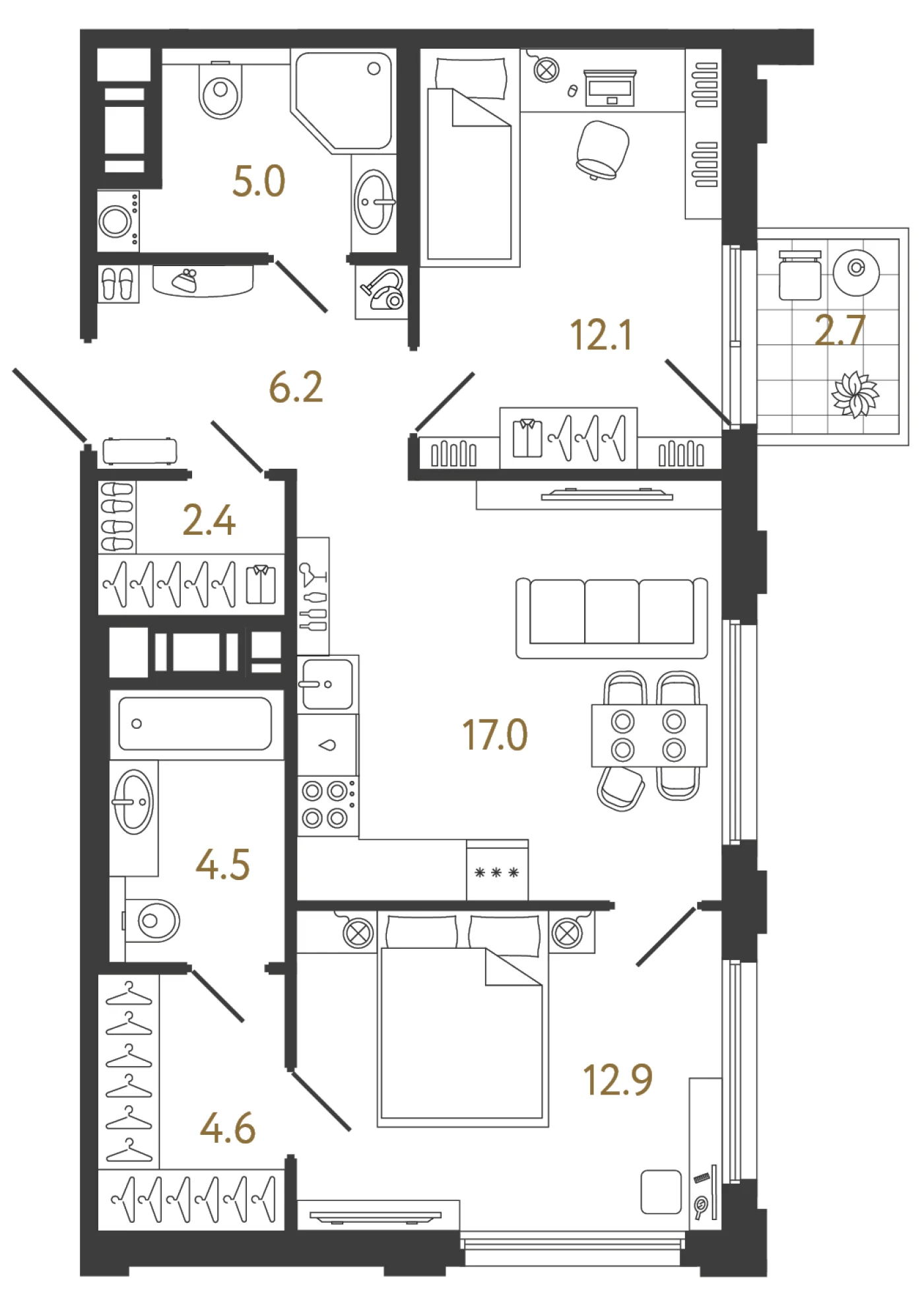 Планировка 2-комнатная 64,7 м² в ЖК «Гений 2» — Гений 2