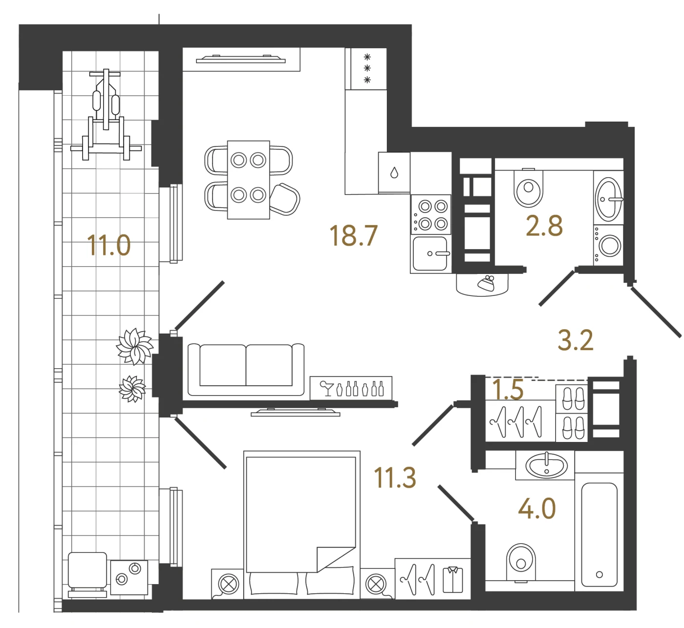 Планировка 1-комнатная 41,5 м² в ЖК «Гений 2» — Гений 2