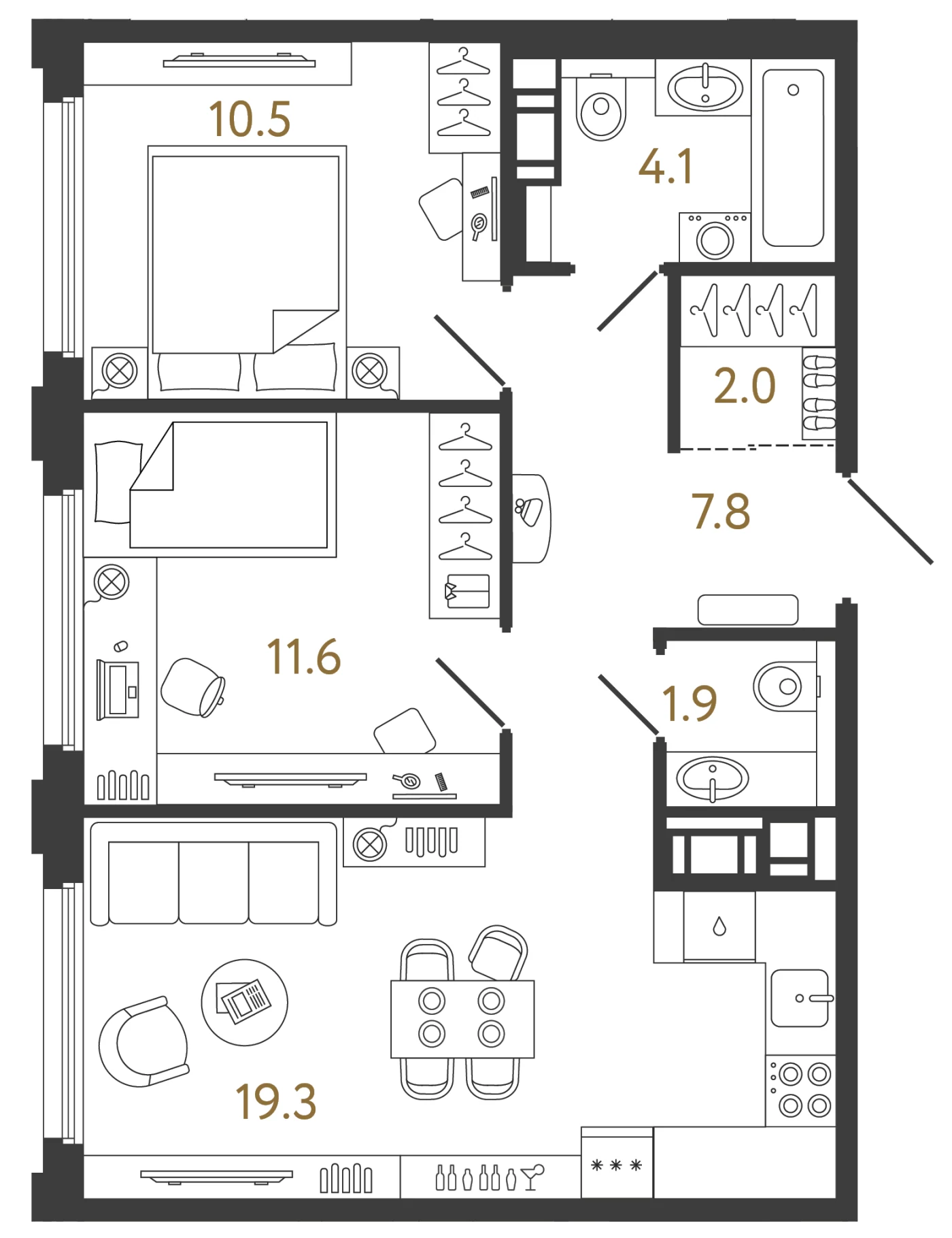 Планировка 2-комнатная 57,2 м² в ЖК «Гений 2» — Гений 2