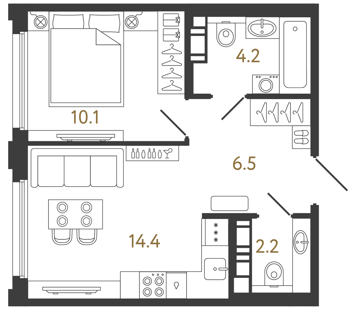 Планировка 1-комнатная 37,4 м² в ЖК «Гений 2» — Гений 2