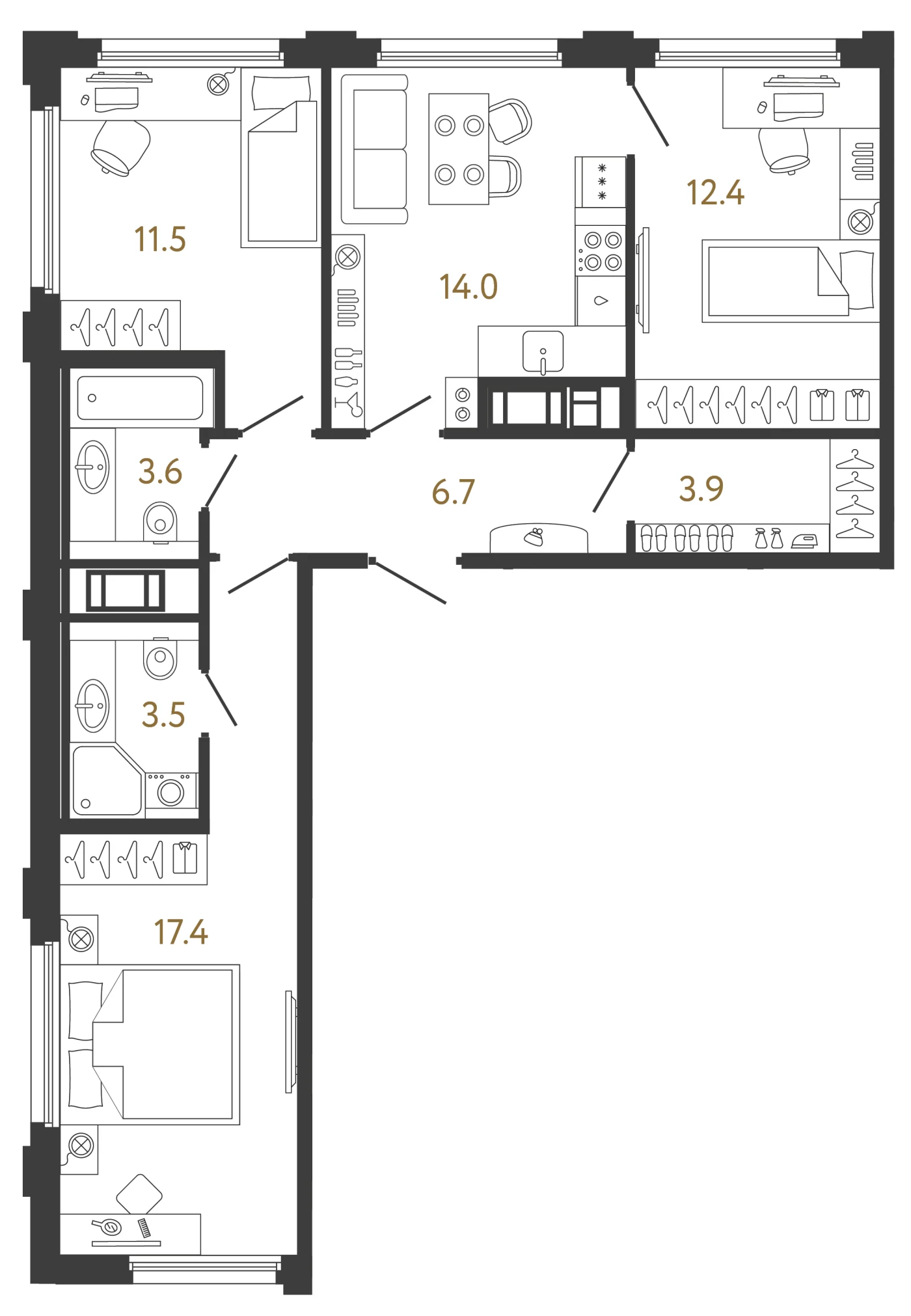 Планировка 3-комнатная 73 м² в ЖК «Гений 2» — Гений 2