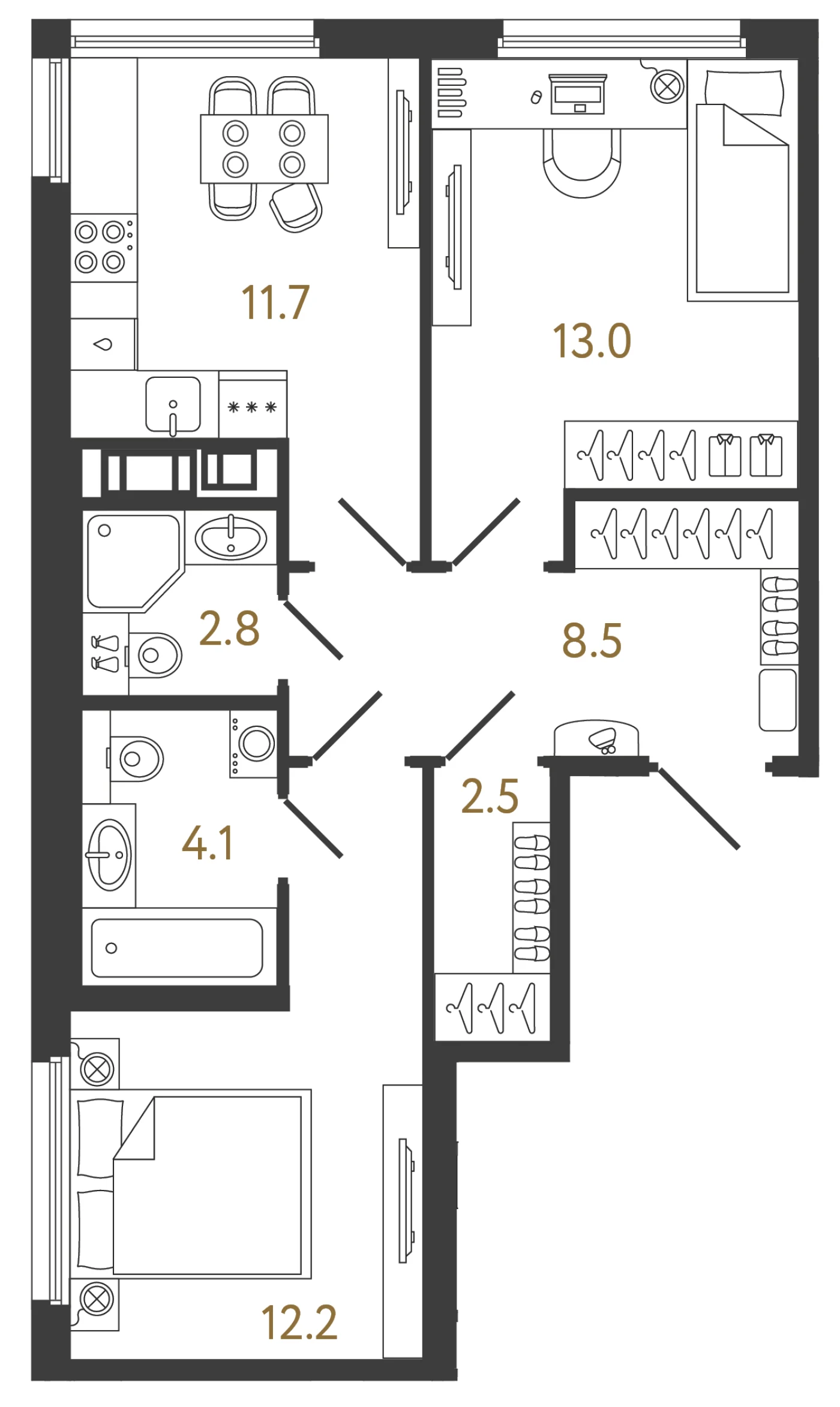 Планировка 2-комнатная 54,8 м² в ЖК «Гений 2» — Гений 2