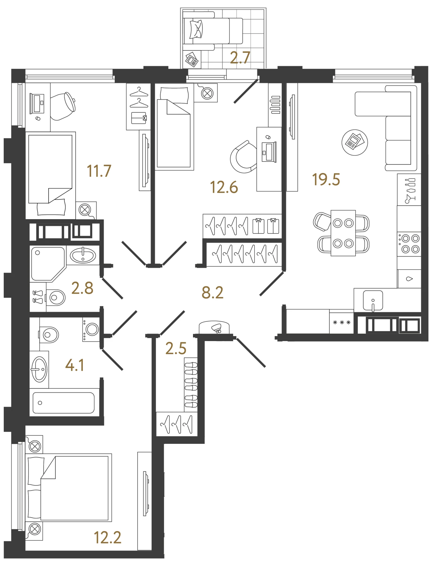Планировка 3-комнатная 73,6 м² в ЖК «Гений 2» — Гений 2